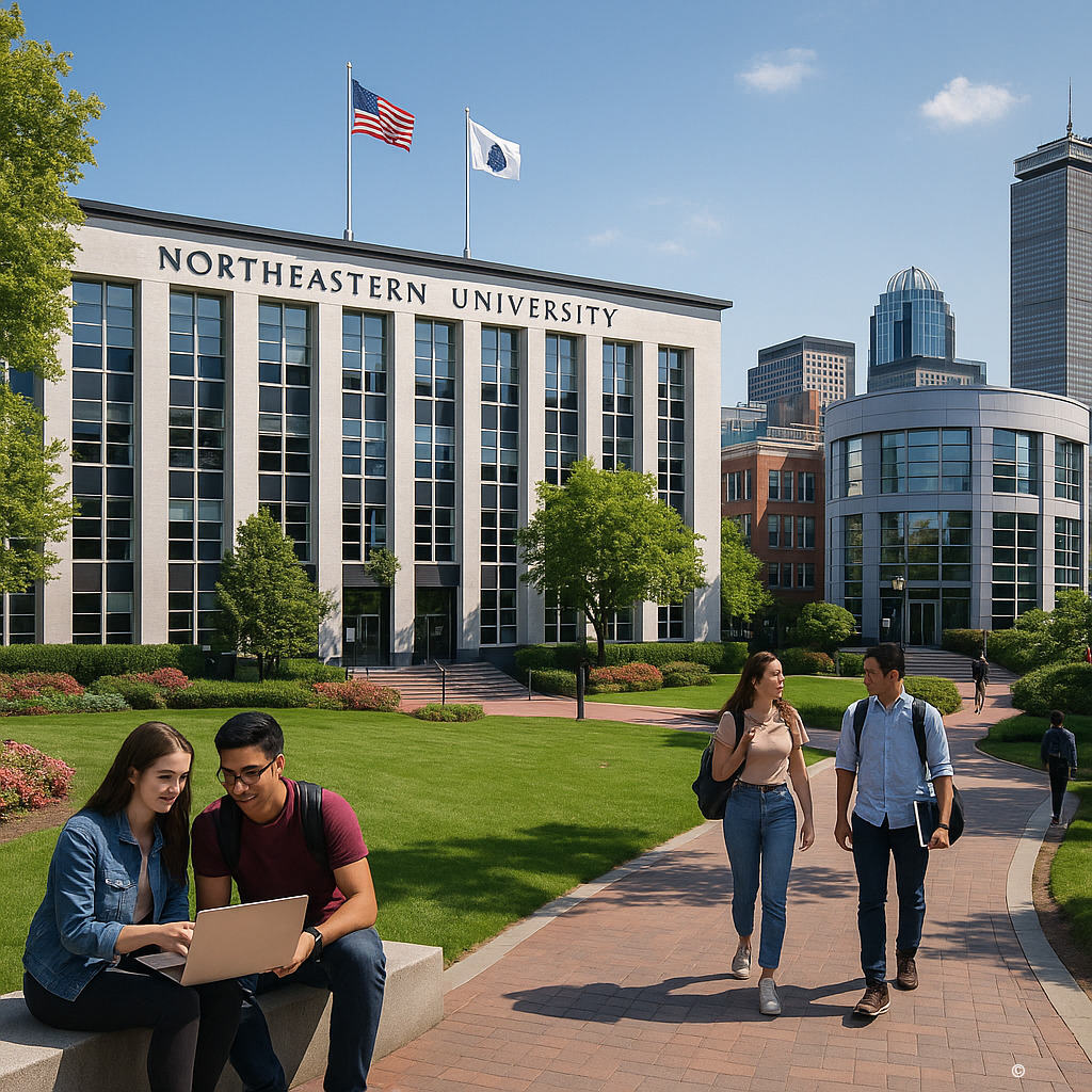 美国东北大学校园全景与波士顿城市风光